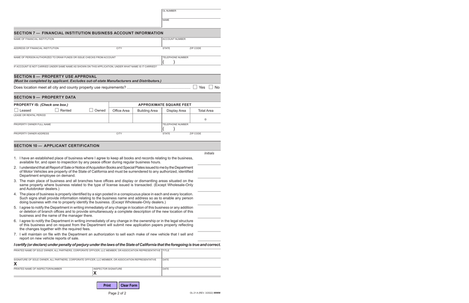 Form OL21A Original Application for Occupational License - California, Page 2