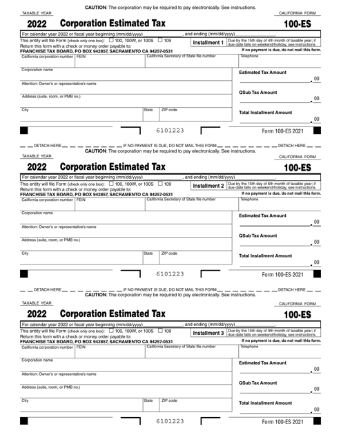 Form 100-ES Corporation Estimated Tax - California, 2022