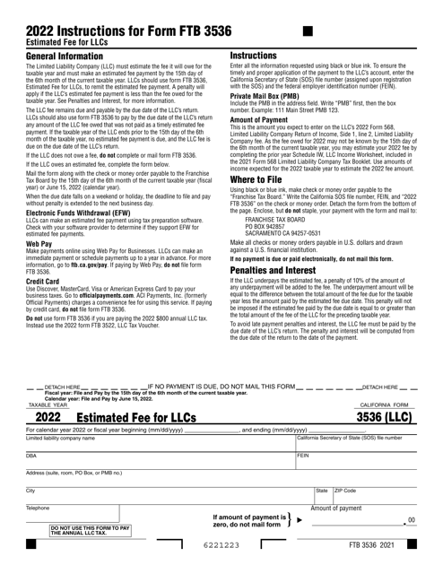 Form FTB3536 Estimated Fee for Llcs - California, 2022