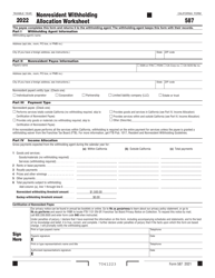 Form 587 &quot;Nonresident Withholding Allocation Worksheet&quot; - California, 2022