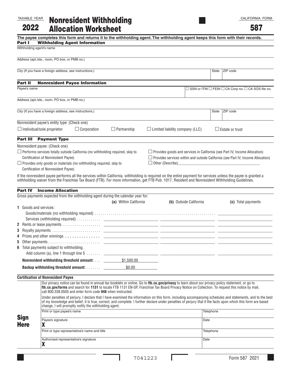 Form 587 Nonresident Withholding Allocation Worksheet - California, Page 1