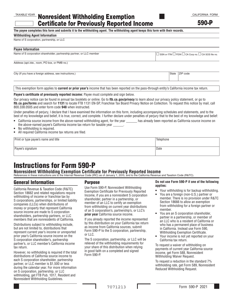 Form 590-P Nonresident Withholding Exemption Certificate for Previously Reported Income - California, Page 1
