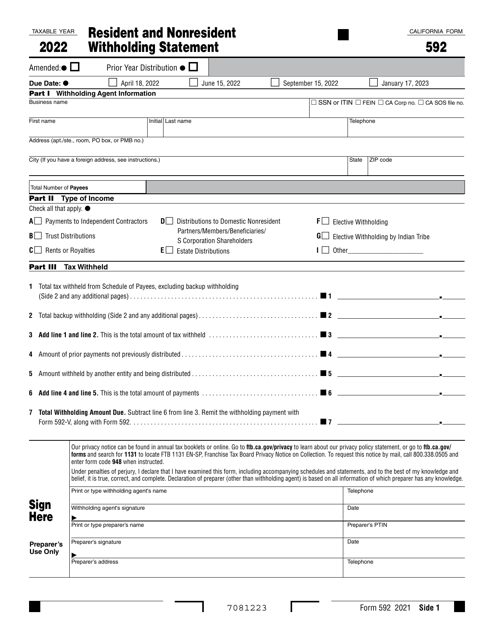Form 592 2022 Printable Pdf