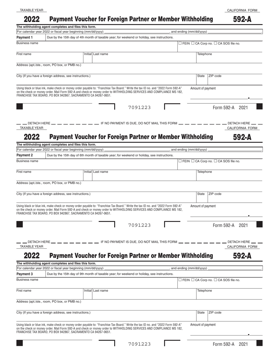 Form 592-A Payment Voucher for Foreign Partner or Member Withholding - California, Page 1