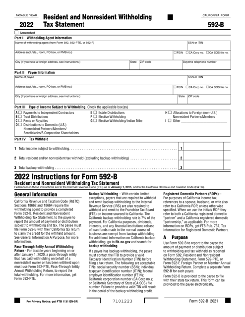 Form 592-B Resident and Nonresident Withholding Tax Statement - California, 2022