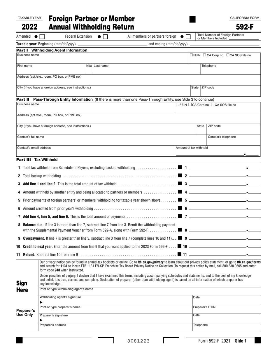 Form 592-F Foreign Partner or Member Annual Withholding Return - California, Page 1