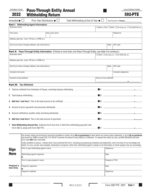 Form 592-PTE 2022 Printable Pdf