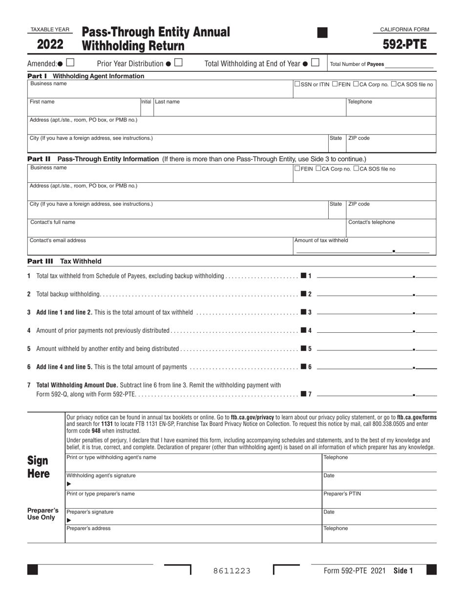 Form 592-PTE Pass-Through Entity Annual Withholding Return - California, Page 1