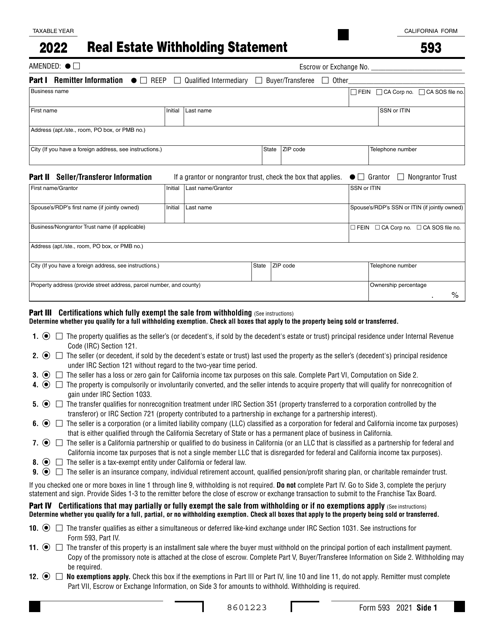 Form 593 Real Estate Withholding Statement - California, 2022