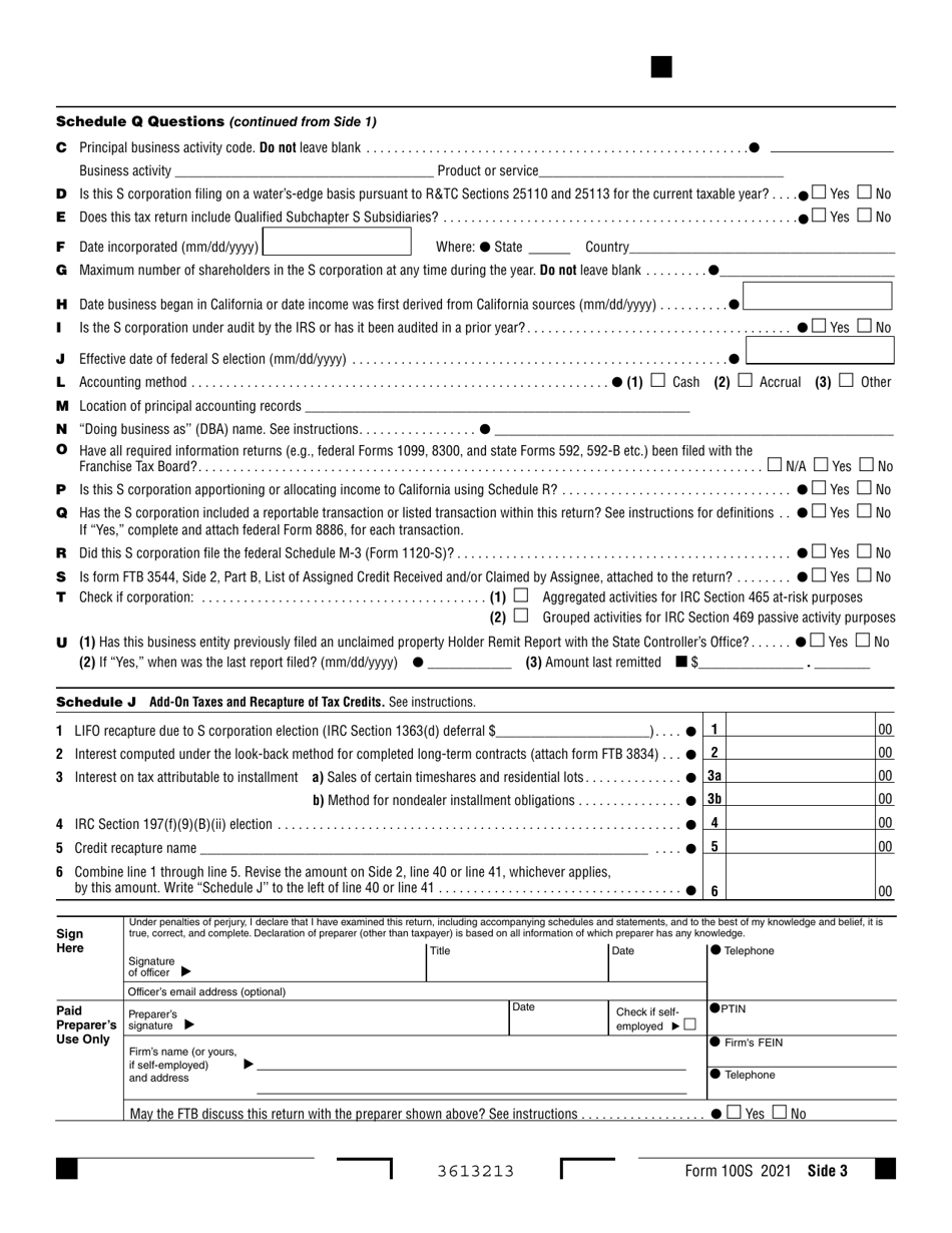 Form 100S California S Corporation Franchise or Income Tax Return - California, Page 3