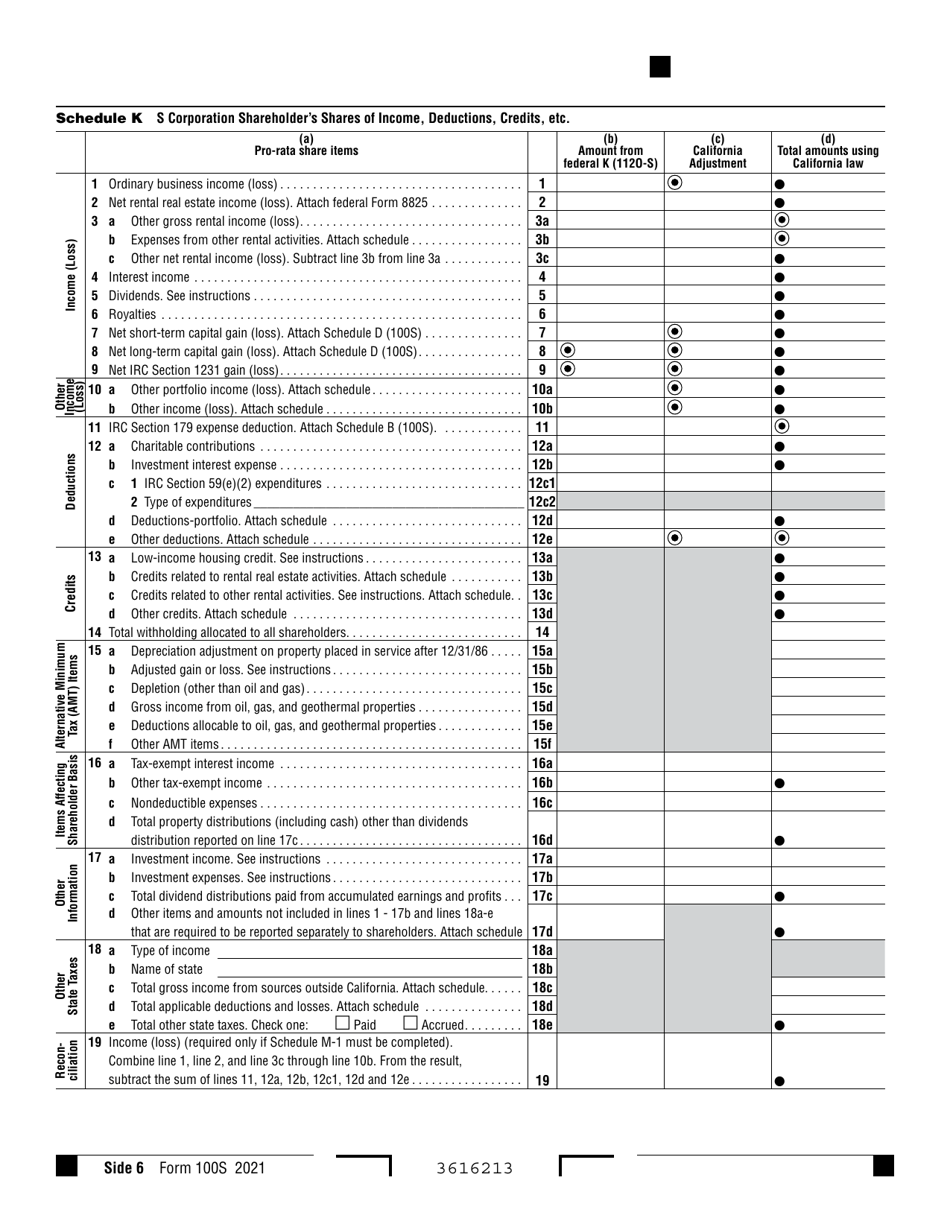 Form 100S California S Corporation Franchise or Income Tax Return - California, Page 6