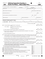 Document preview: Form 100W California Corporation Franchise or Income Tax Return - Water's-Edge Filers - California, 2021