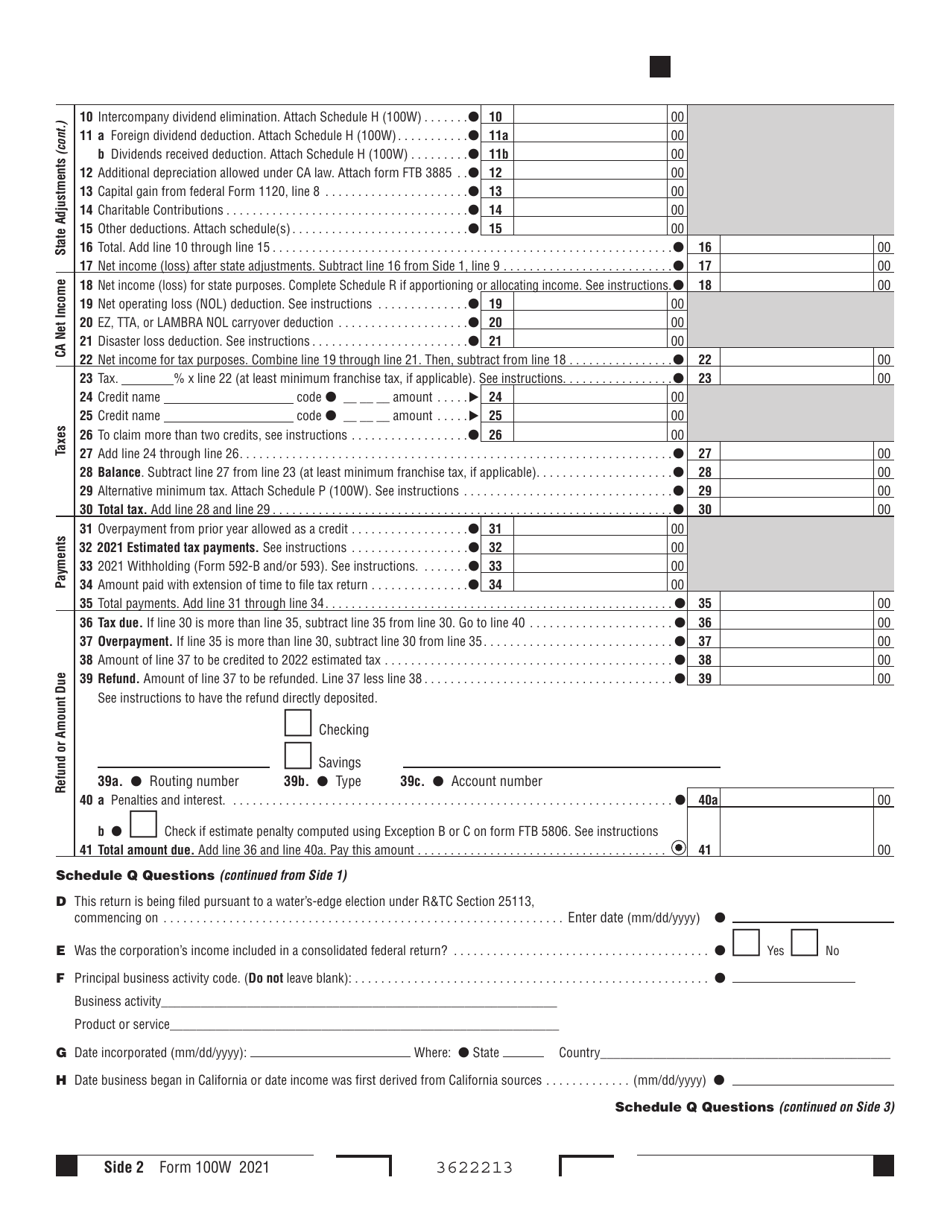 Form 100W California Corporation Franchise or Income Tax Return - Waters-Edge Filers - California, Page 2