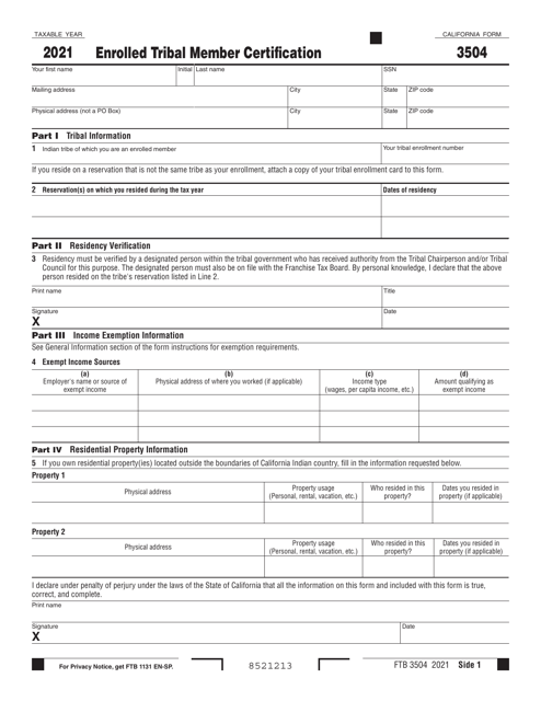 Form FTB3504 Enrolled Tribal Member Certification - California, 2021