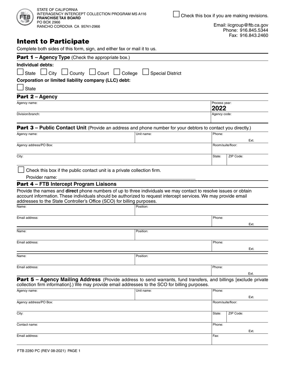 Form FTB2280 Intent to Participate - California, Page 1