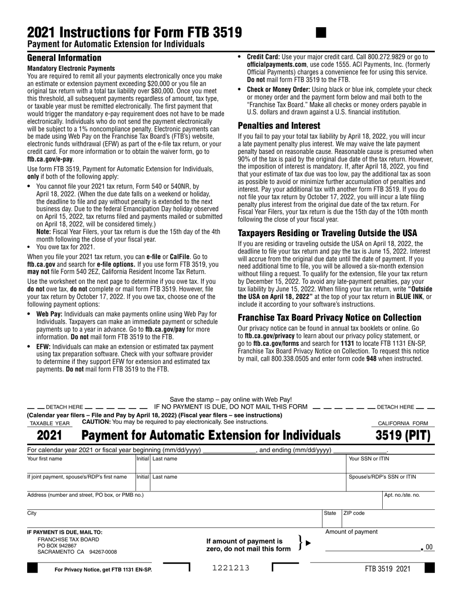 Form FTB3519 Payment for Automatic Extension for Individuals - California, Page 1