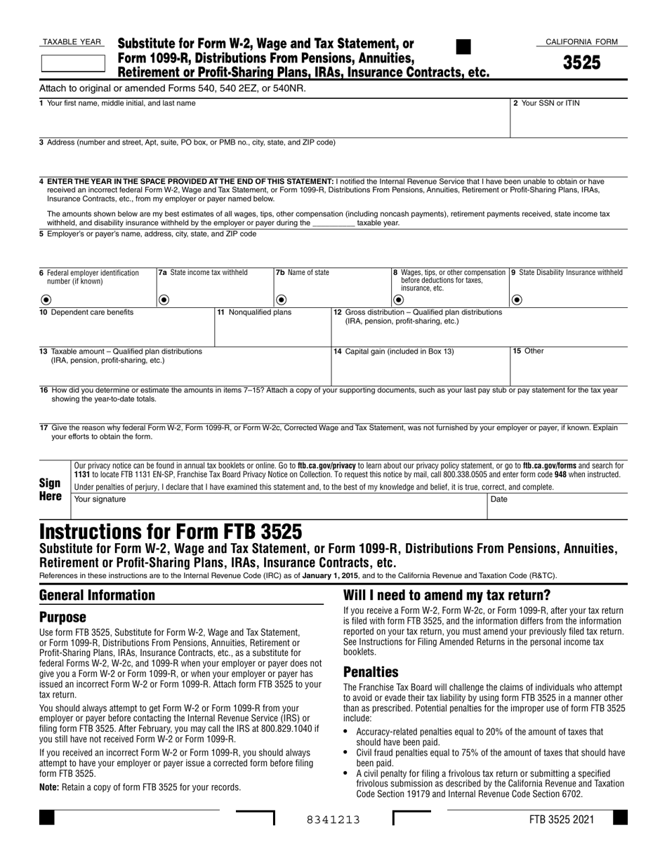 Form FTB3525 Substitute for Form W-2, Wage and Tax Statement, or Form 1099-r, Distributions From Pensions, Annuities, Retirement or Profit-Sharing Plans, IRAs, Insurance Contracts, Etc. - California, Page 1