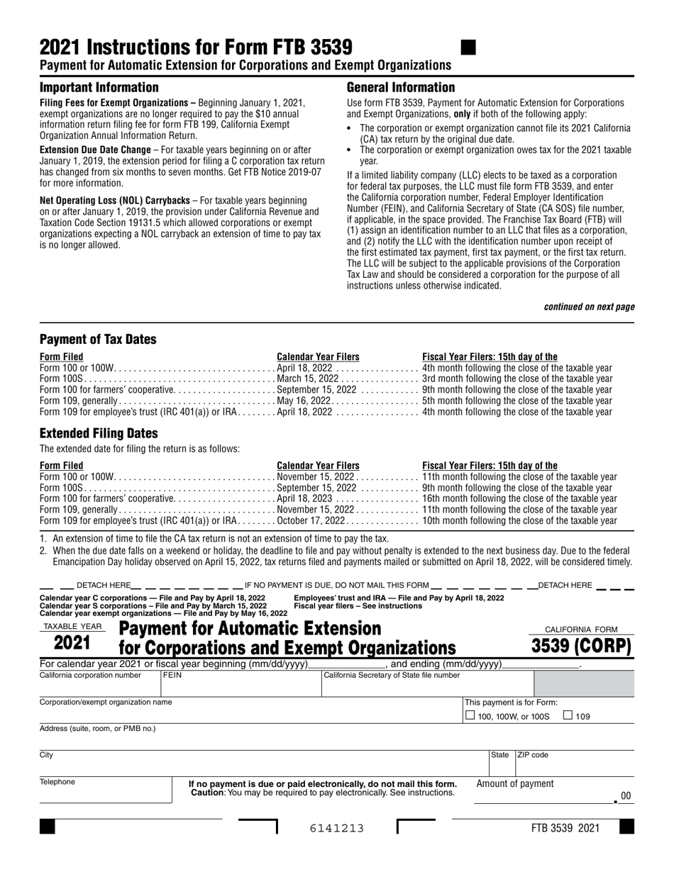 Form FTB3539 Payment for Automatic Extension for Corporations and Exempt Organizations - California, Page 1