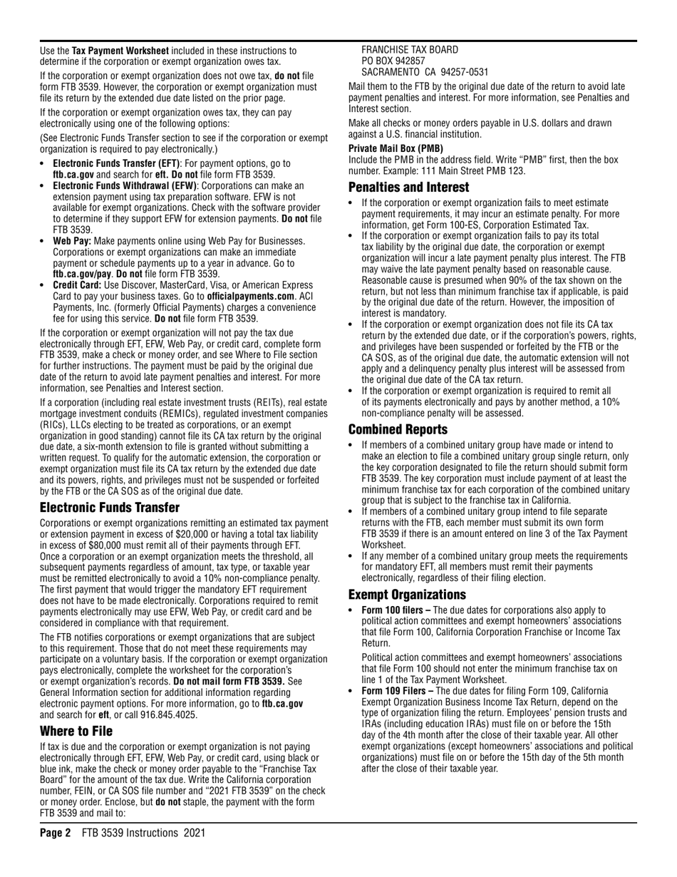 Form FTB3539 Payment for Automatic Extension for Corporations and Exempt Organizations - California, Page 2