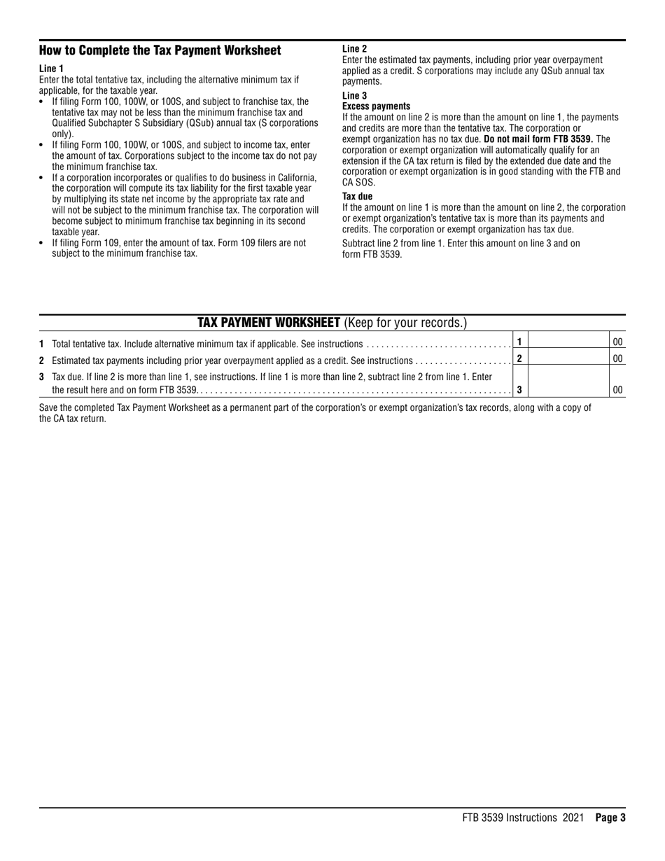 Form FTB3539 Payment for Automatic Extension for Corporations and Exempt Organizations - California, Page 3