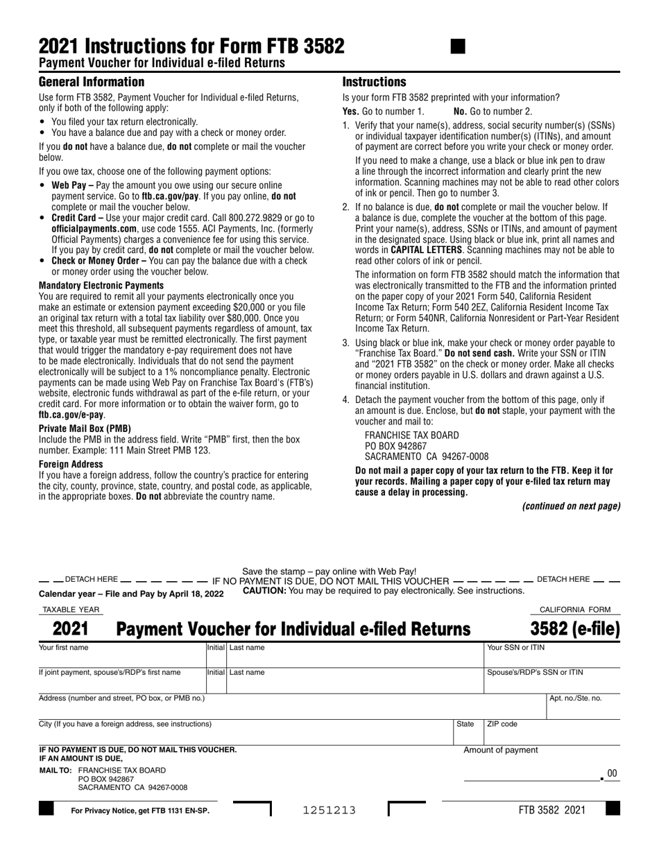 Form FTB3582 Payment Voucher for Individual E-Filed Returns - California, Page 1