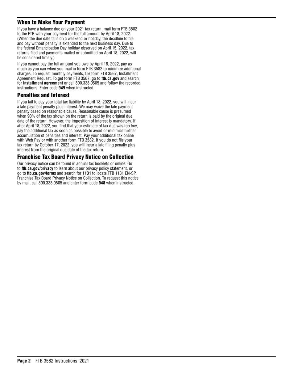 Form FTB3582 Payment Voucher for Individual E-Filed Returns - California, Page 2