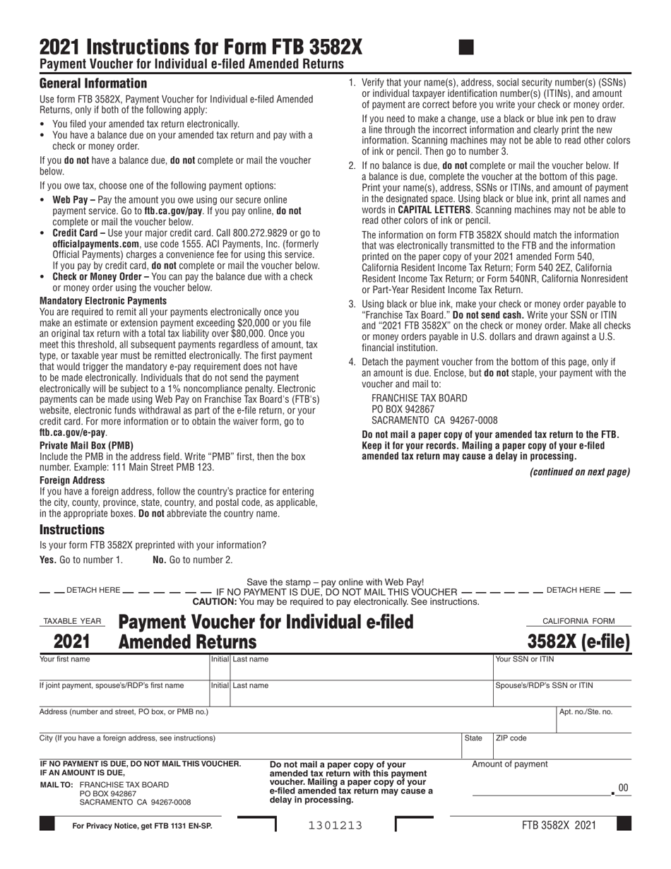 Form FTB3582X Payment Voucher for Individual E-Filed Amended Returns - California, Page 1