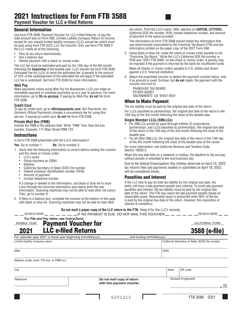 Form FTB3588 Payment Voucher for LLC E-Filed Returns - California, Page 1