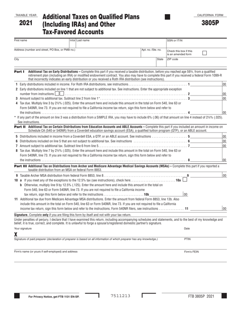 Form FTB3805P Additional Taxes on Qualified Plans (Including IRAs) and Other Tax-Favored Accounts - California, 2021
