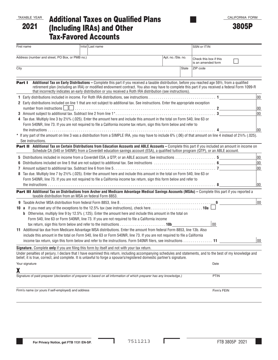 Form FTB3805P Additional Taxes on Qualified Plans (Including IRAs) and Other Tax-Favored Accounts - California, Page 1