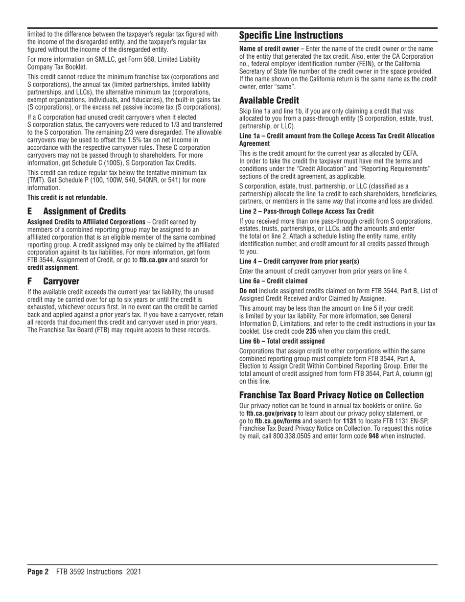 Form FTB3592 College Access Tax Credit - California, Page 2