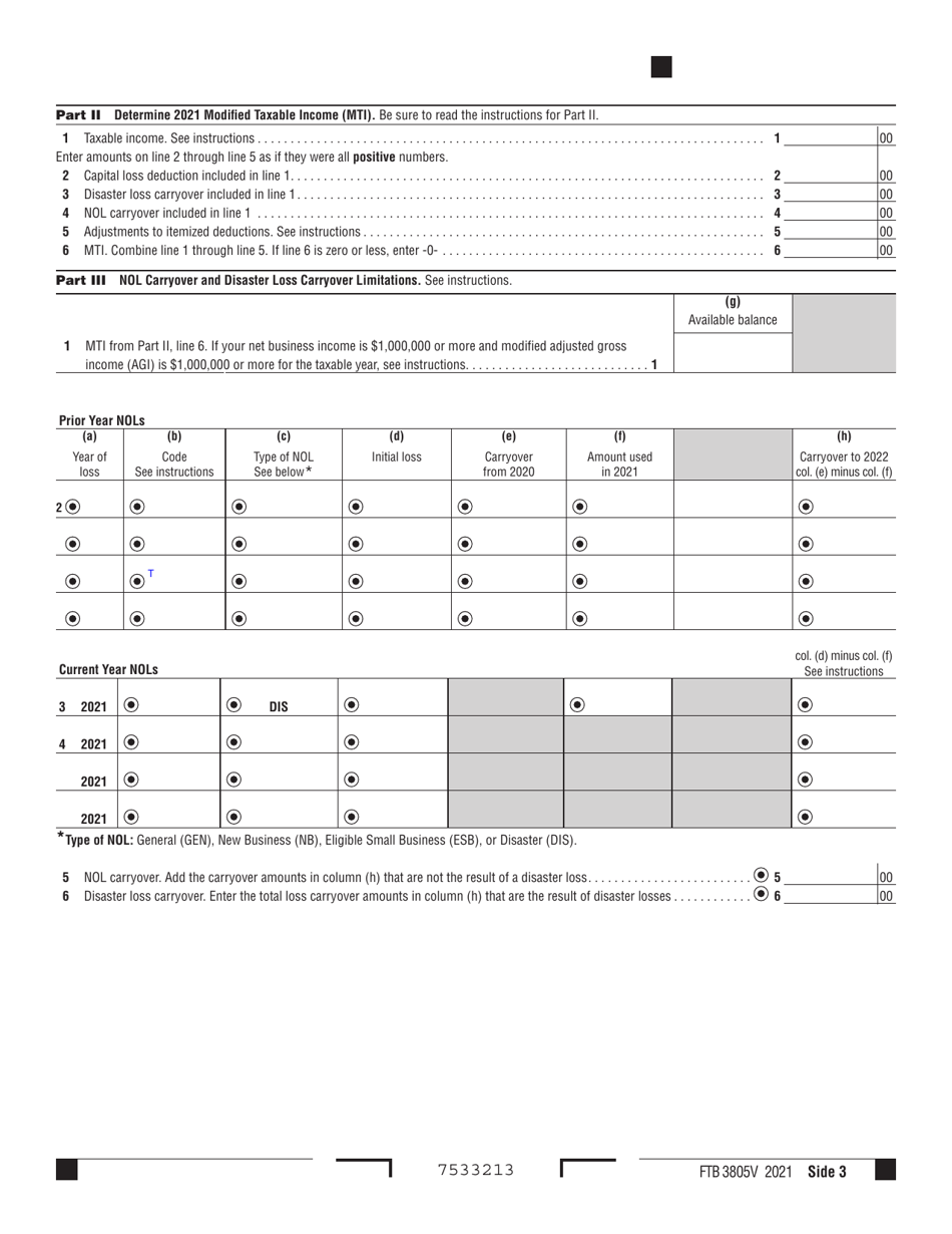 Form FTB3805V Net Operating Loss (Nol) Computation and Nol and Disaster Loss Limitations - Individuals, Estates, and Trusts - California, Page 3