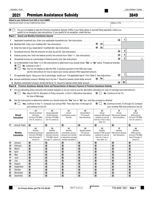 Form FTB3849 Premium Assistance Subsidy - California, 2021
