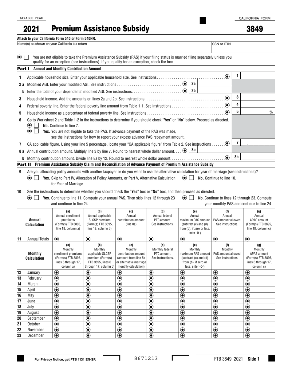 Form FTB3849 Premium Assistance Subsidy - California, Page 1