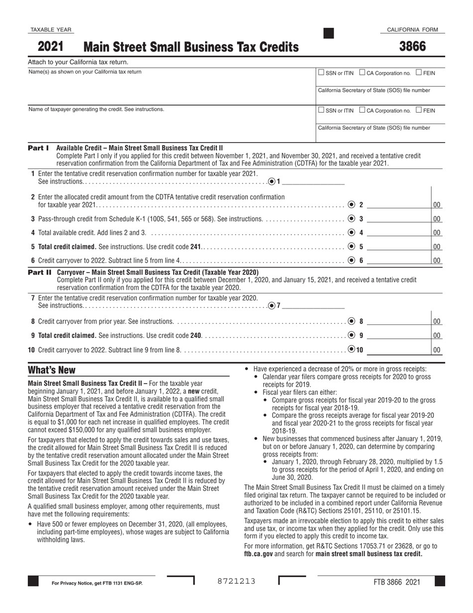 Form FTB3866 Main Street Small Business Tax Credits - California, Page 1