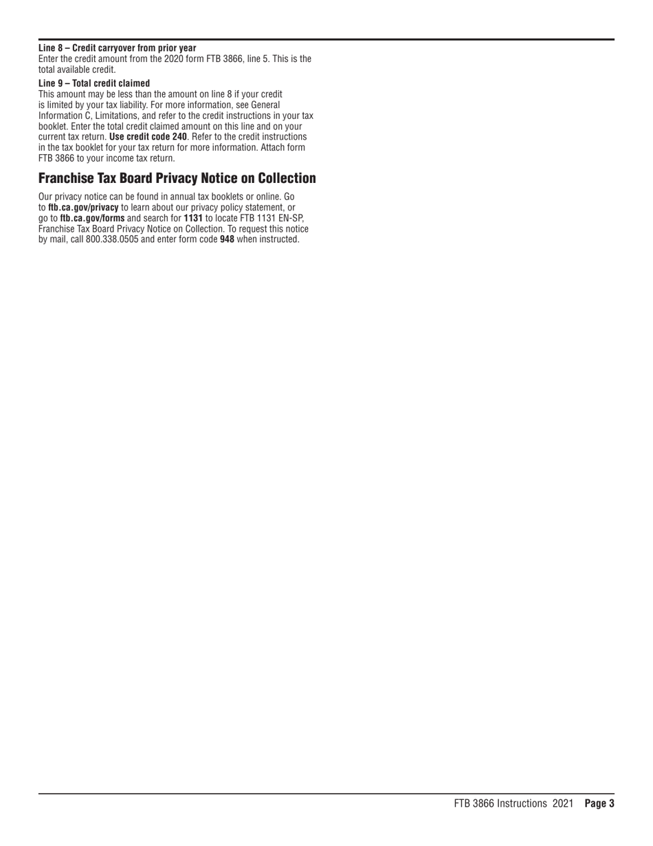 Form FTB3866 Main Street Small Business Tax Credits - California, Page 3