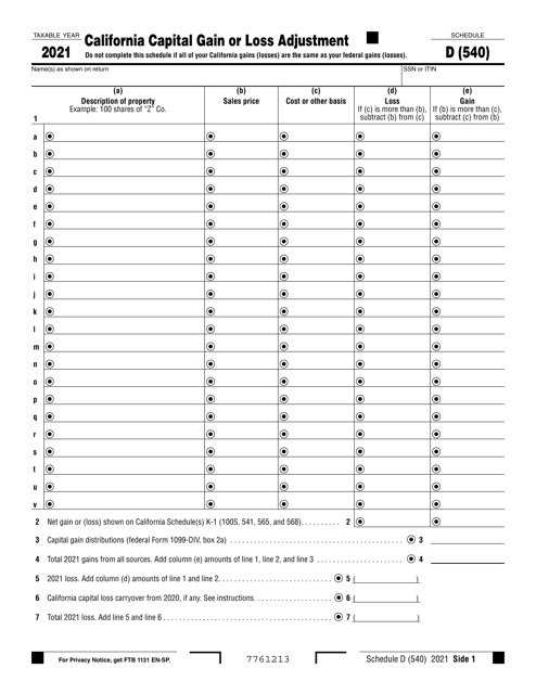 Form 540 Schedule D 2021 Printable Pdf