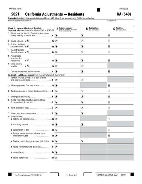 Form 540 Schedule CA 2021 Printable Pdf