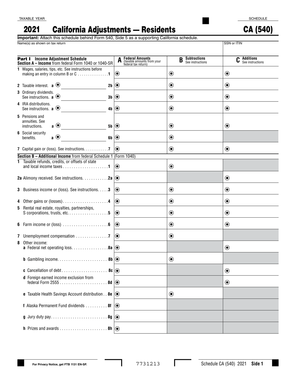 Form 540 Schedule CA California Adjustments - Residents - California, Page 1
