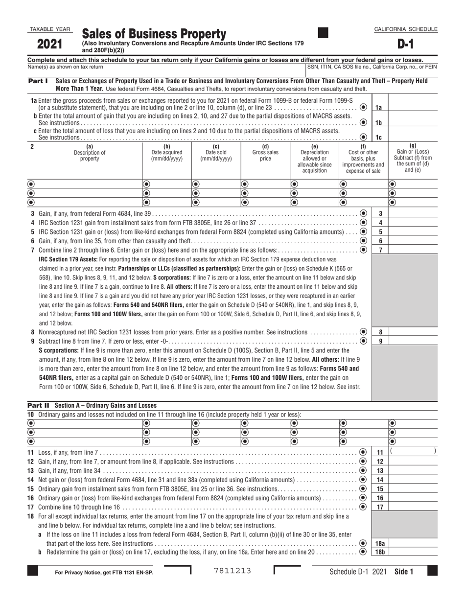 Schedule D1 Download Fillable PDF or Fill Online Sales of Business