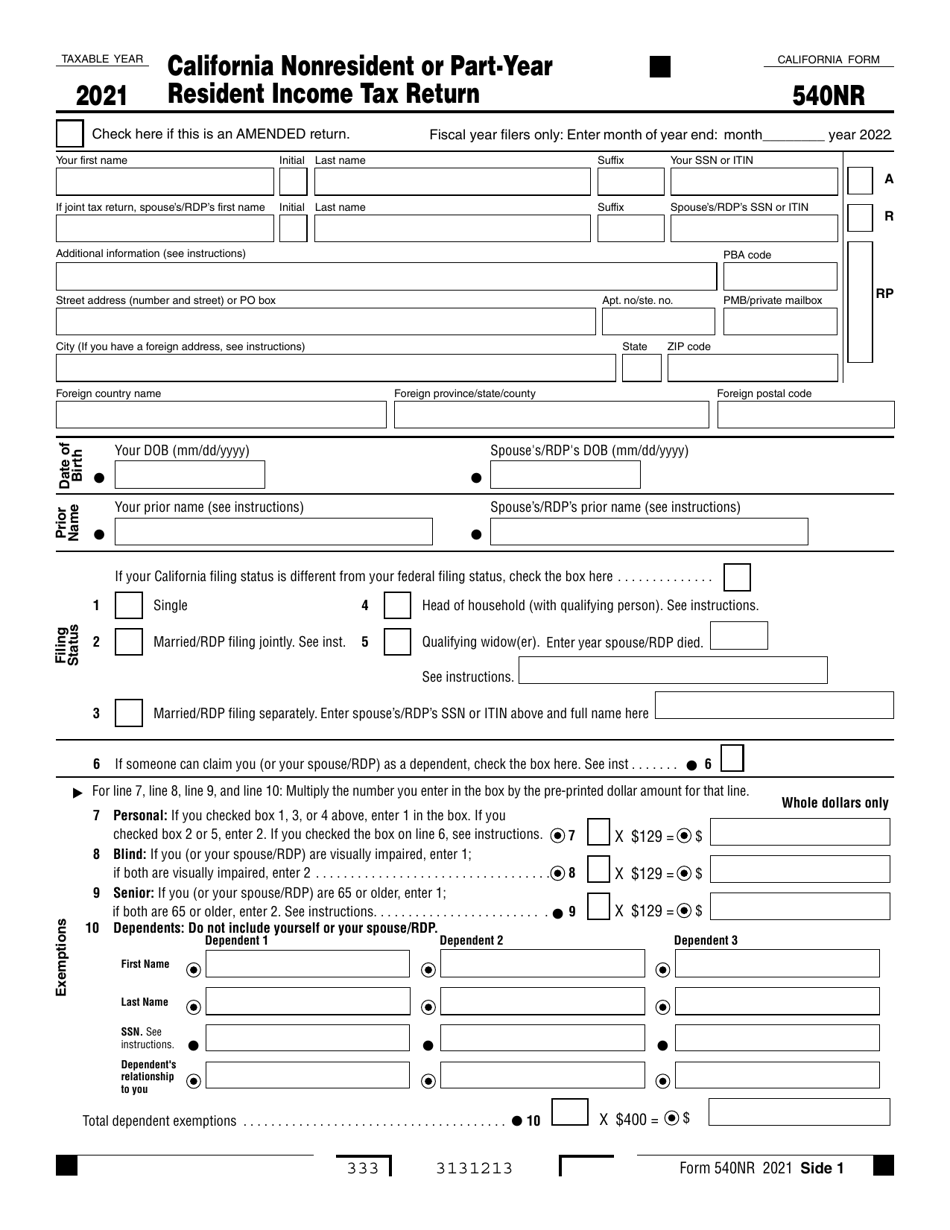 Form 540NR California Nonresident or Part-Year Resident Income Tax Return - California, Page 1
