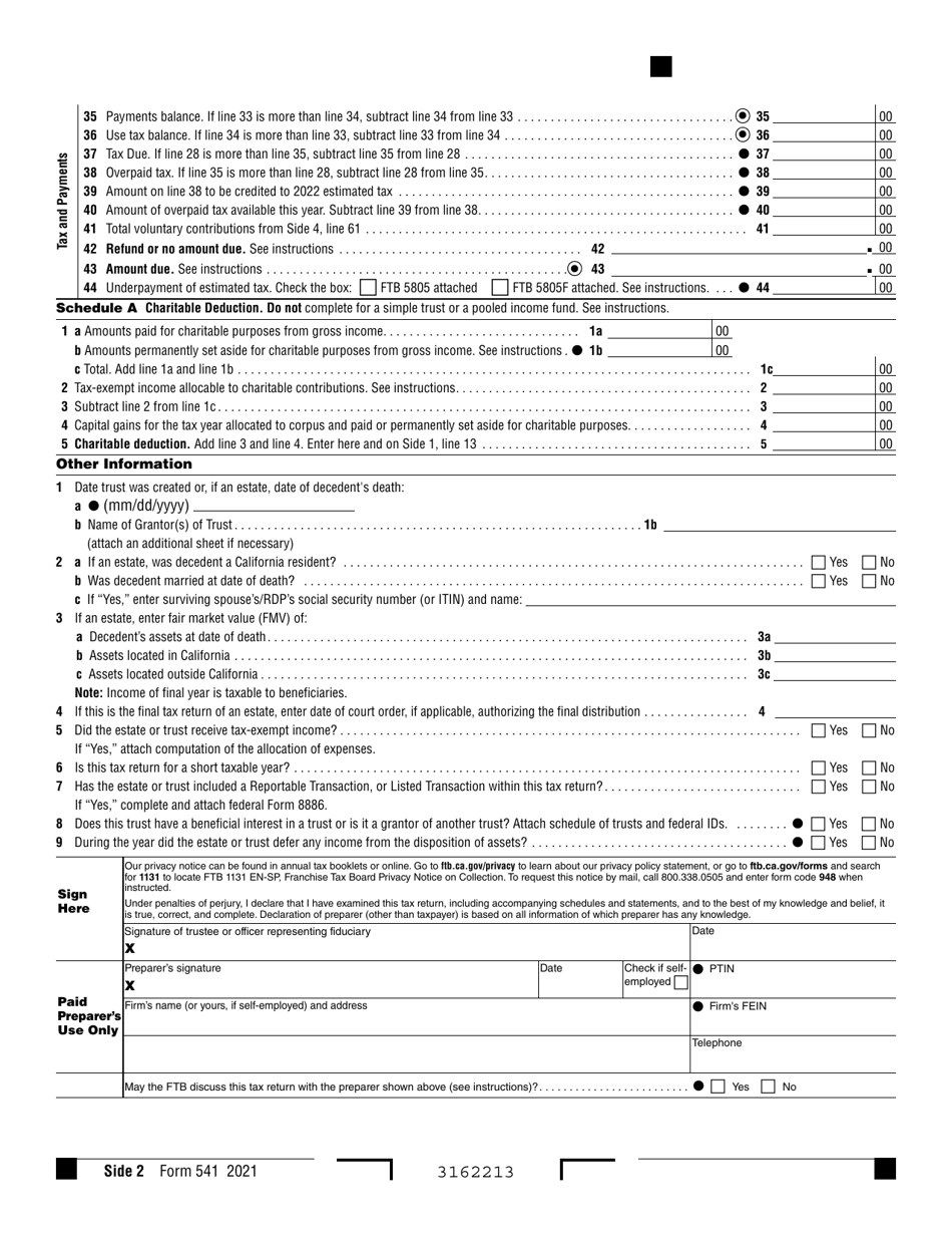 Form 541 California Fiduciary Income Tax Return - California, Page 2