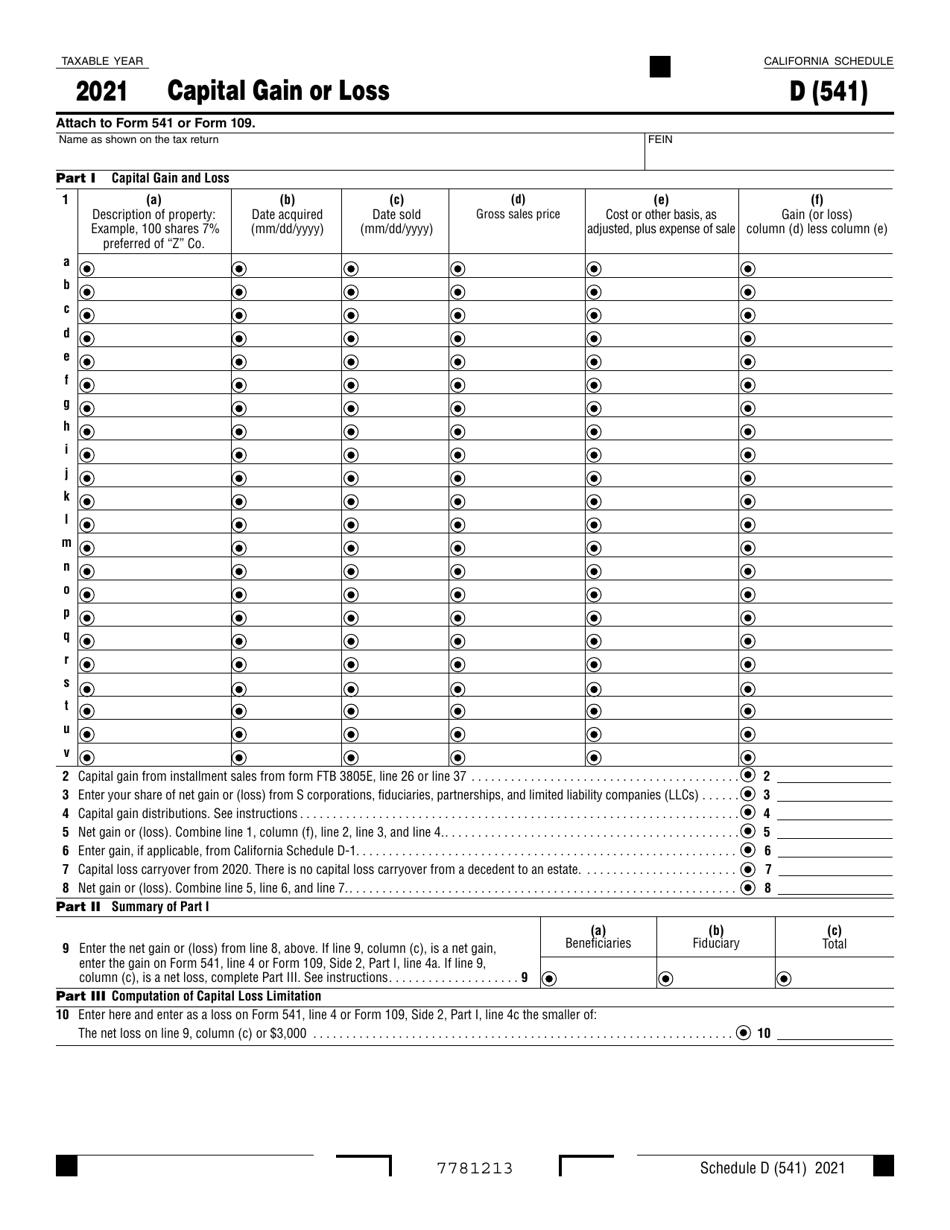 Form 541 Schedule D Capital Gain or Loss - California, Page 1