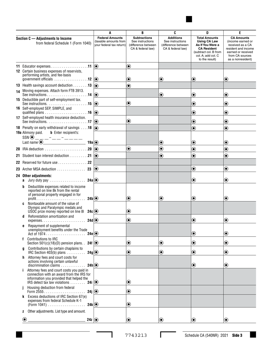 Form 540NR Schedule CA California Adjustments - Nonresidents or Part-Year Residents - California, Page 3
