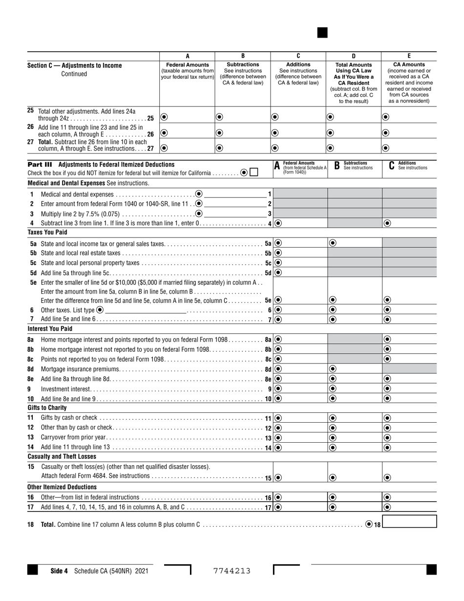 Form 540NR Schedule CA Download Fillable PDF Or Fill Online California ...