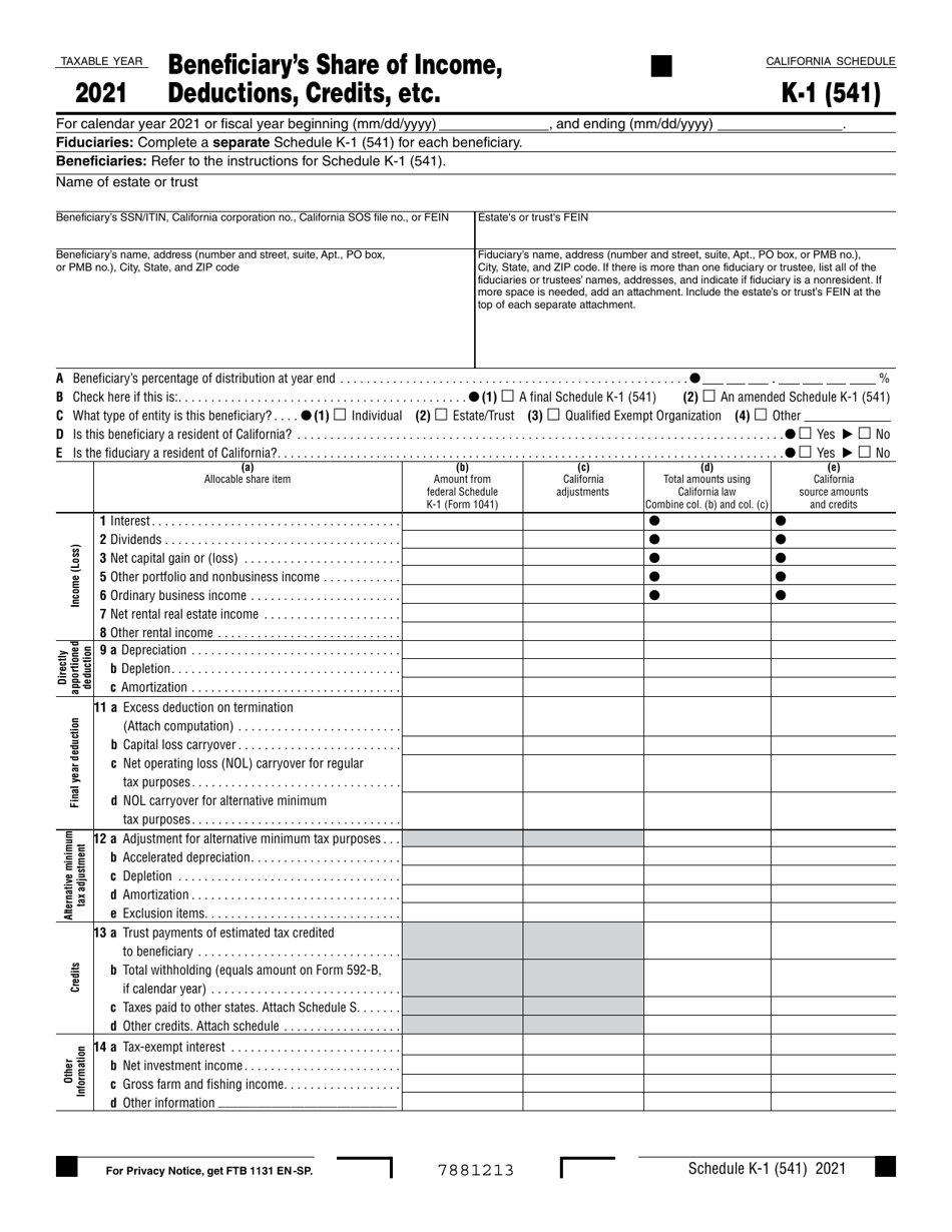 Form 541 Schedule K-1 Beneficiary's Share of Income, Deductions, Credits, Etc. - California, Page 1