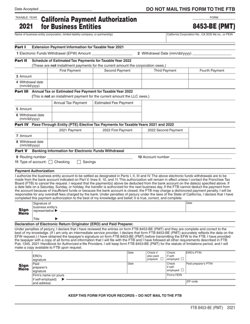 Form FTB8453-BE (PMT) California Payment Authorization for Business Entities - California, 2021