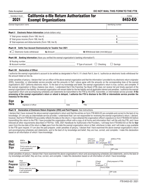 Form FTB8453-EO California E-File Return Authorization for Exempt Organizations - California, 2021