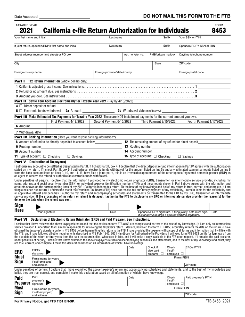 Form FTB8453 California E-File Return Authorization for Individuals - California, Page 1
