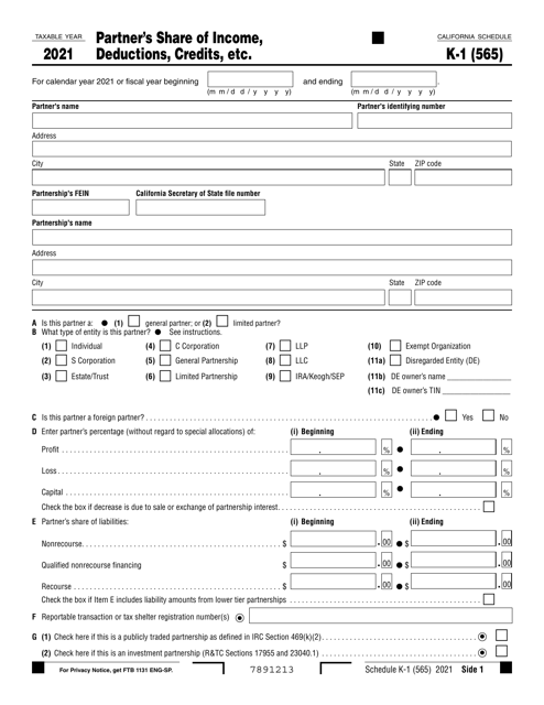 Form 565 Schedule K-1 Partner's Share of Income, Deductions, Credits, Etc. - California, 2021
